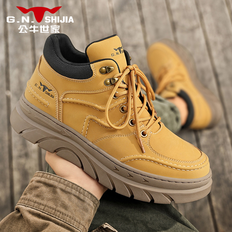 公牛世家秋冬新款男士休闲马丁靴百搭复古中帮耐磨厚底增高男靴