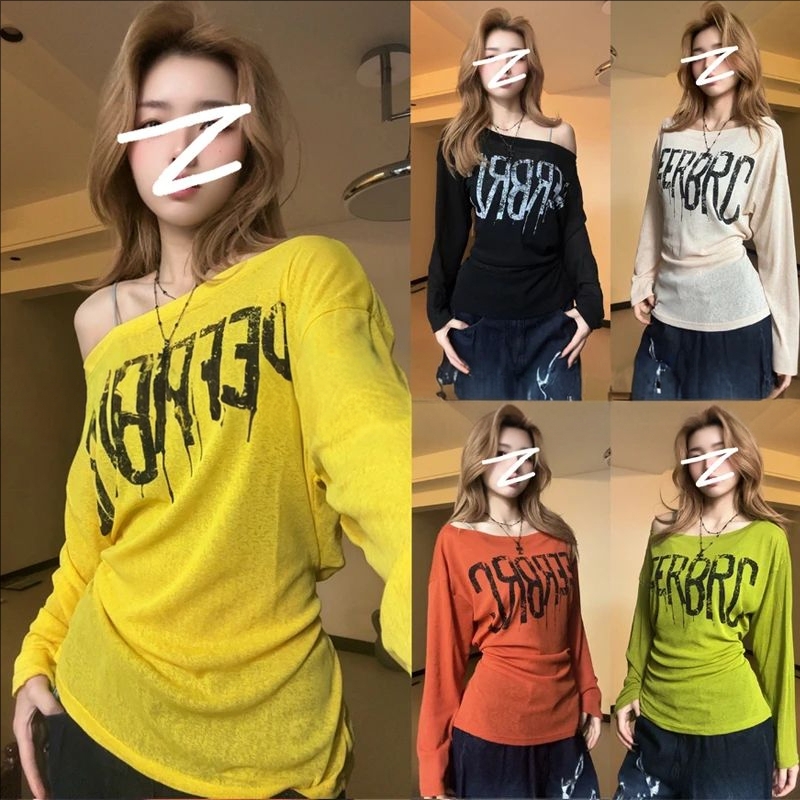 【沐沐】2025休闲显瘦慵懒风字母印花长袖夏季宽松微透防晒衫