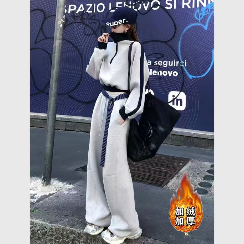 品牌正品美式复古慵懒风运动卫衣套装女时髦撞色宽松休闲裤三件套