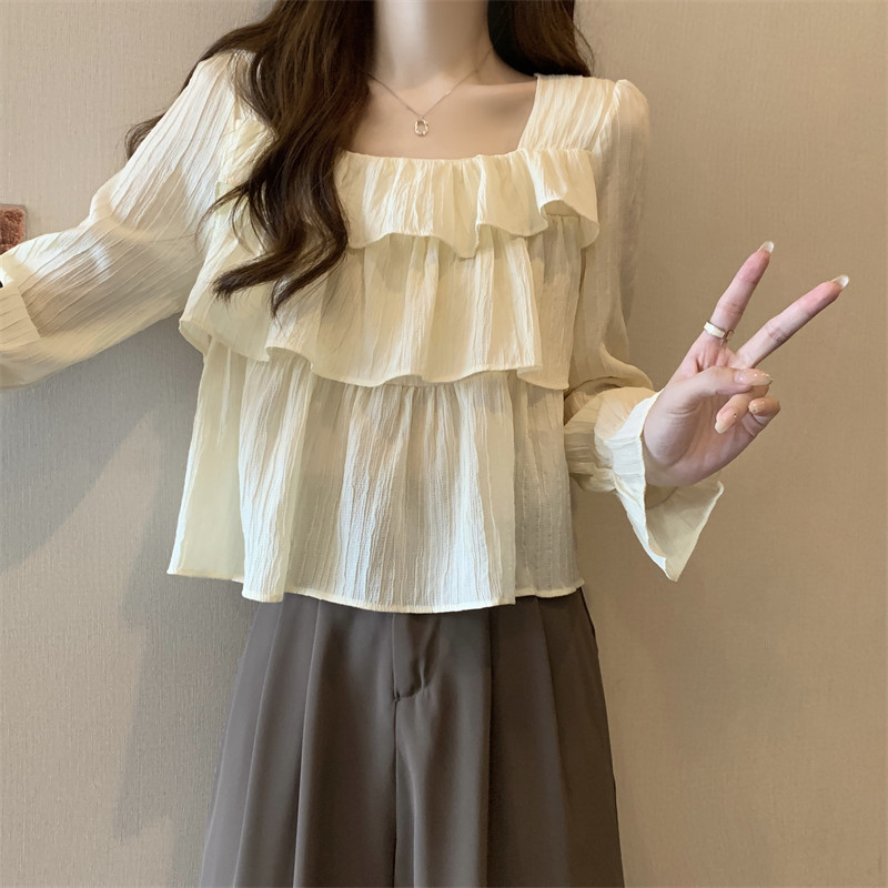 法式温柔荷叶边别致小衫女秋季大码微胖MM韩系方领百搭设计感衬衫