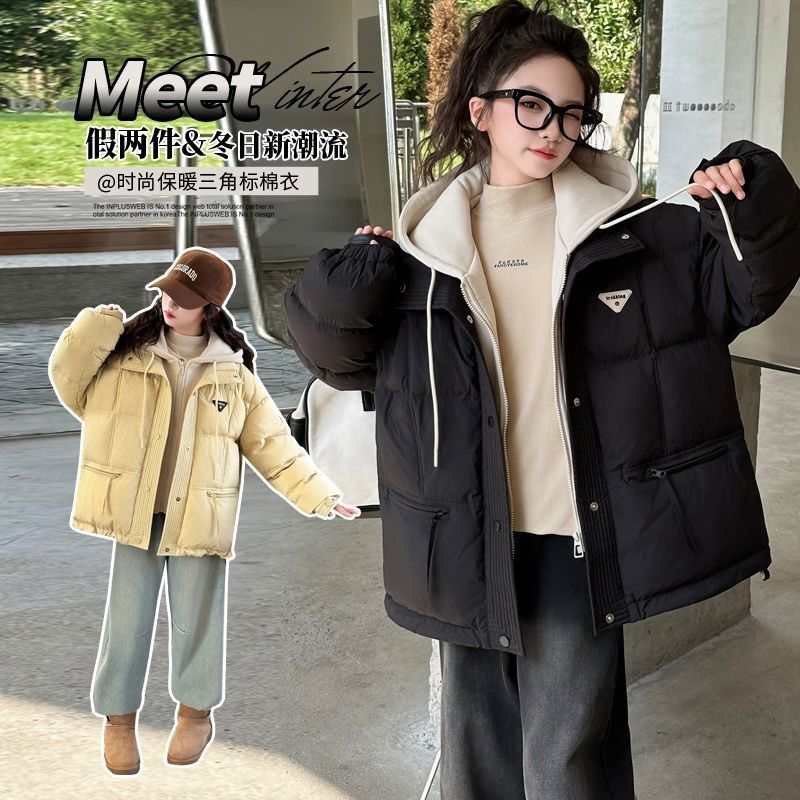 女童棉服洋气冬装儿童加绒加厚棉衣女孩大童冬季休闲中长款布3角
