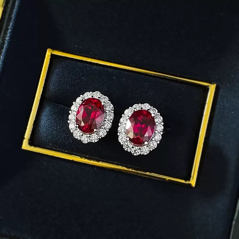 925银耳饰 通体银时尚气质百搭血红色耳钉6478