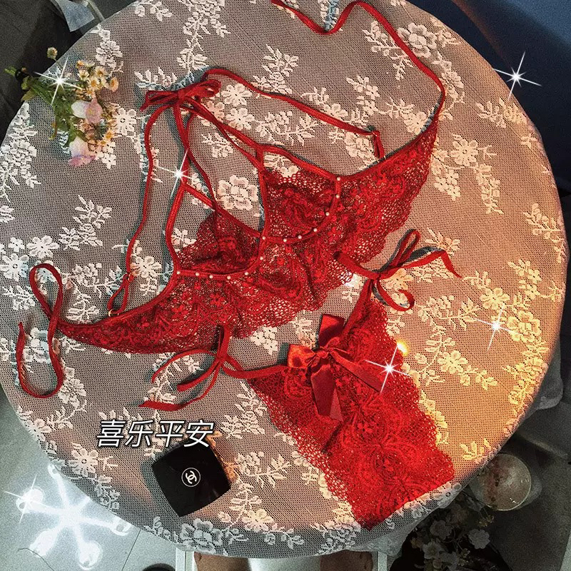 新款性感镂空蕾丝薄胸罩珍珠透明内衣套装时尚