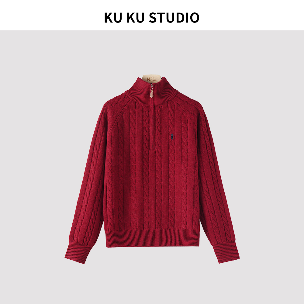 25女秋冬老钱风纯羊毛复古绞花高领针织衫立领毛衣女6098