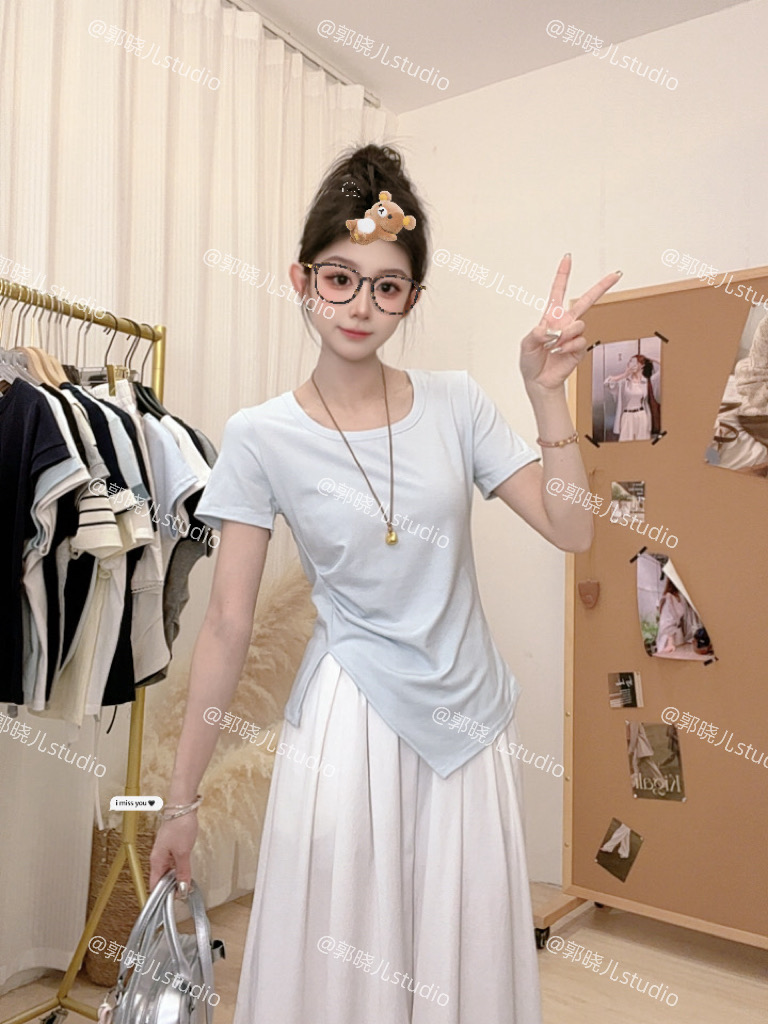 2025新款夏季方领短袖显瘦下摆开叉不规则韩版上衣女t恤百搭2918