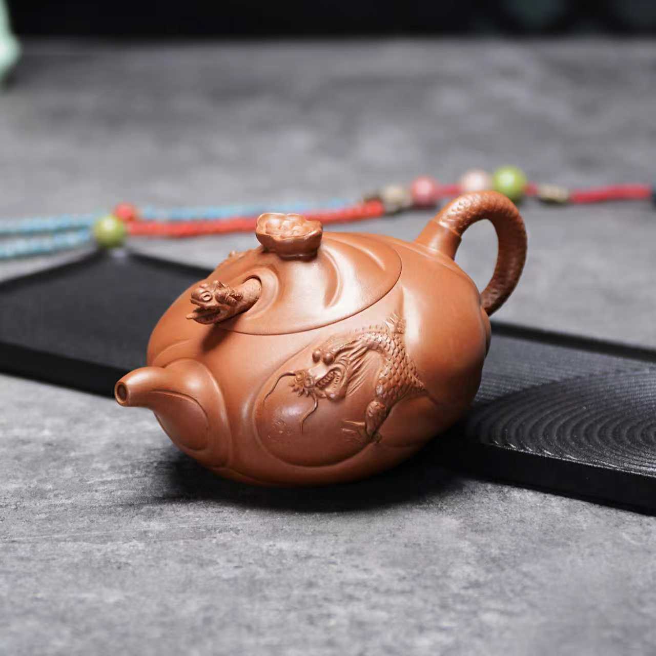 魚化龙壶，原矿黄龙山早期紫砂一厂老紫泥