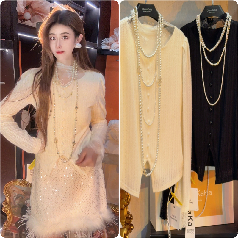 【素月青烟】63482假两件拼接蕾丝珍珠扣蕾丝衫大码胖MM