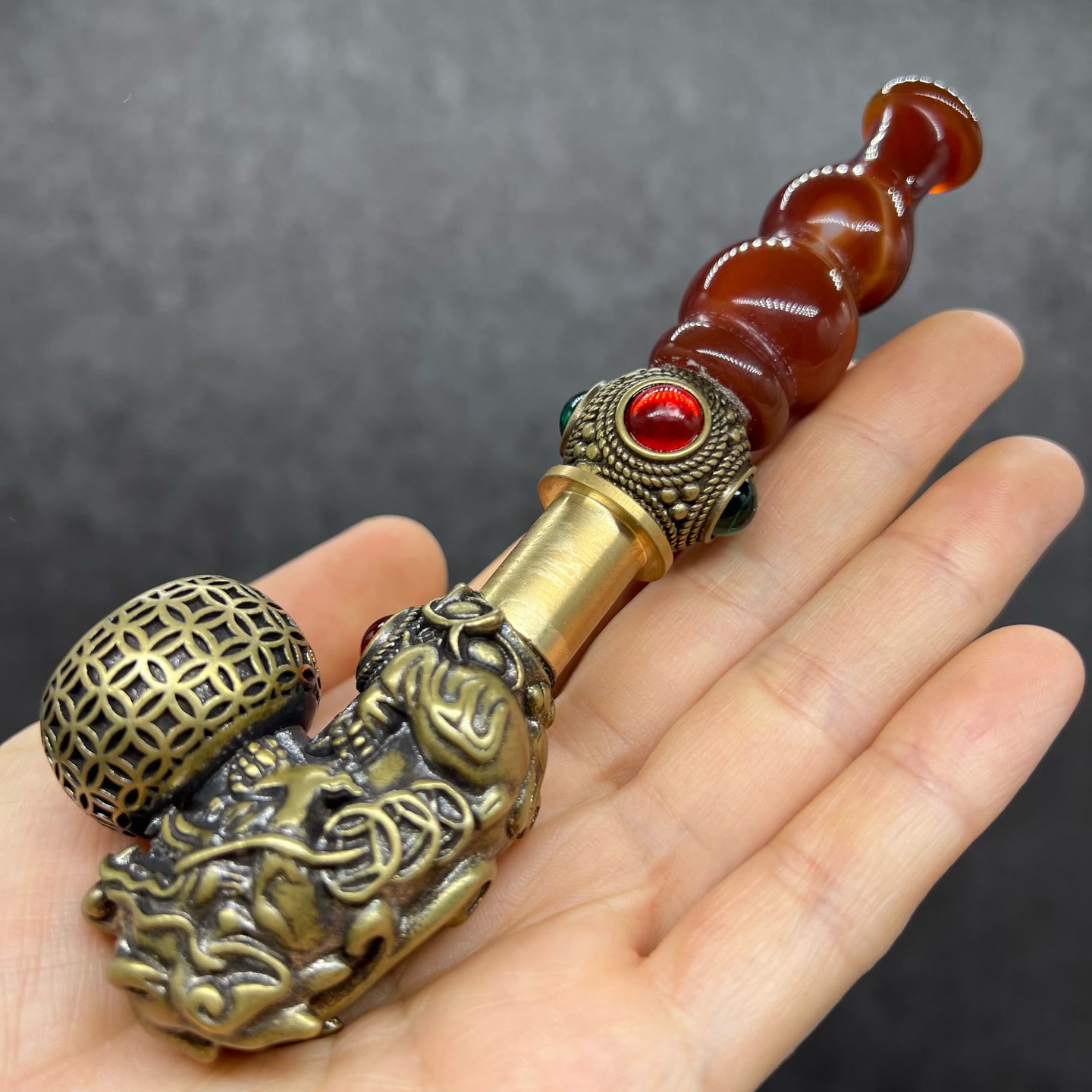13.5公分貔貅一档四钻八宝疙瘩红葫芦嘴旱烟锅旱烟斗p607