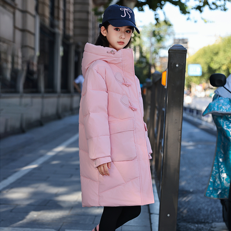 女童羽绒服2025新款洋气中大童加厚中长款过膝休闲白鸭绒冬装外套