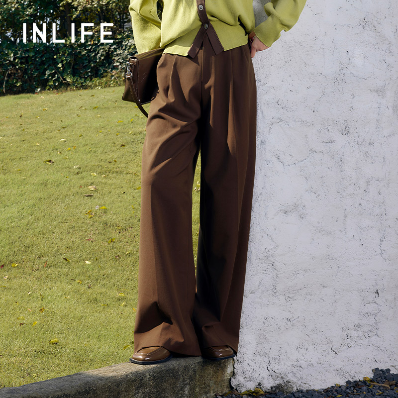 inlife高腰垂感休闲裤新款慵懒风宽松直筒裤时尚百搭长裤M41AK368