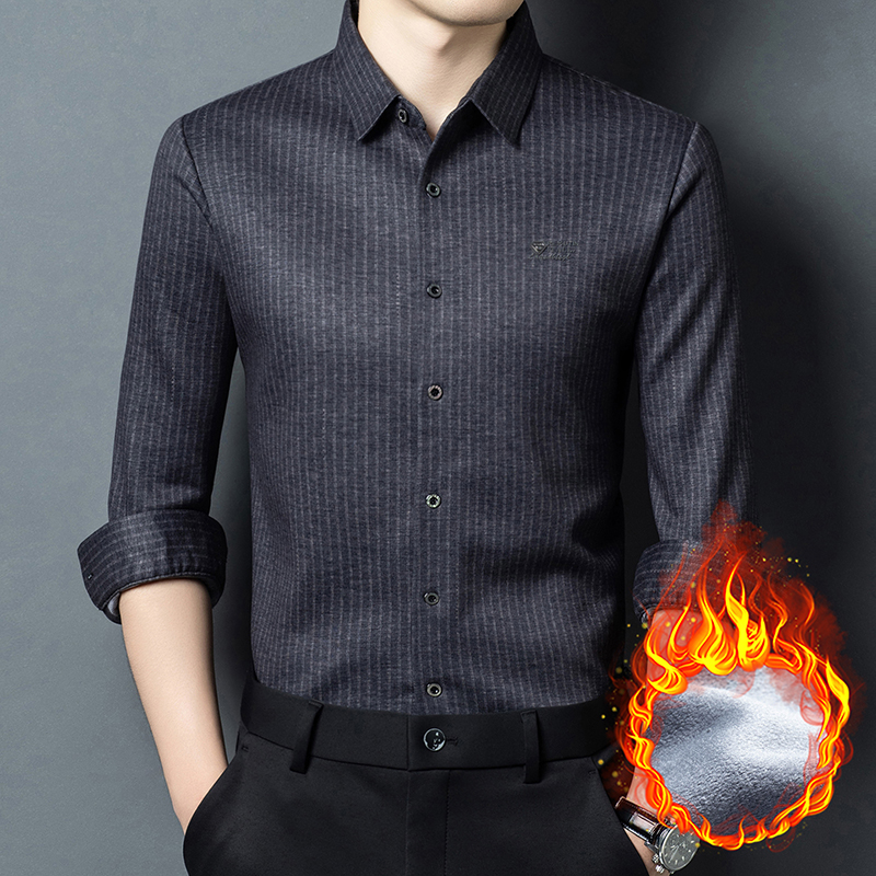 【高档羊毛衬衫】冬季加绒保暖柔软亲肤商务条纹显瘦衬衫