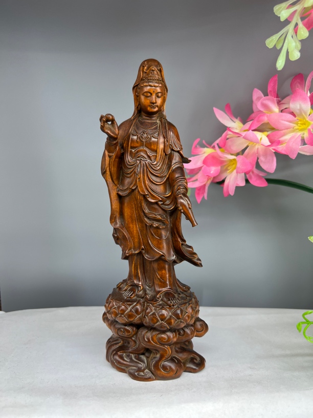 小叶黄杨木（净瓶观音）仿古做旧精工雕刻实木摆件，高20.5宽8