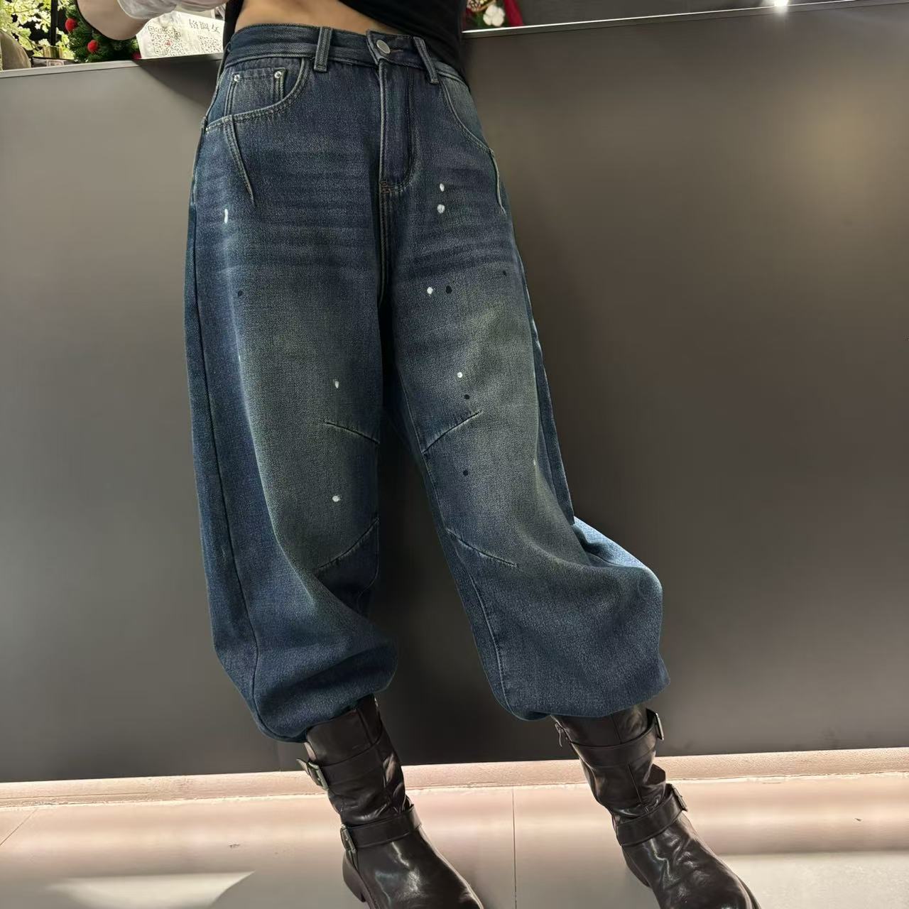 冬季加绒复古弯刀阔腿牛仔裤显瘦百搭长裤