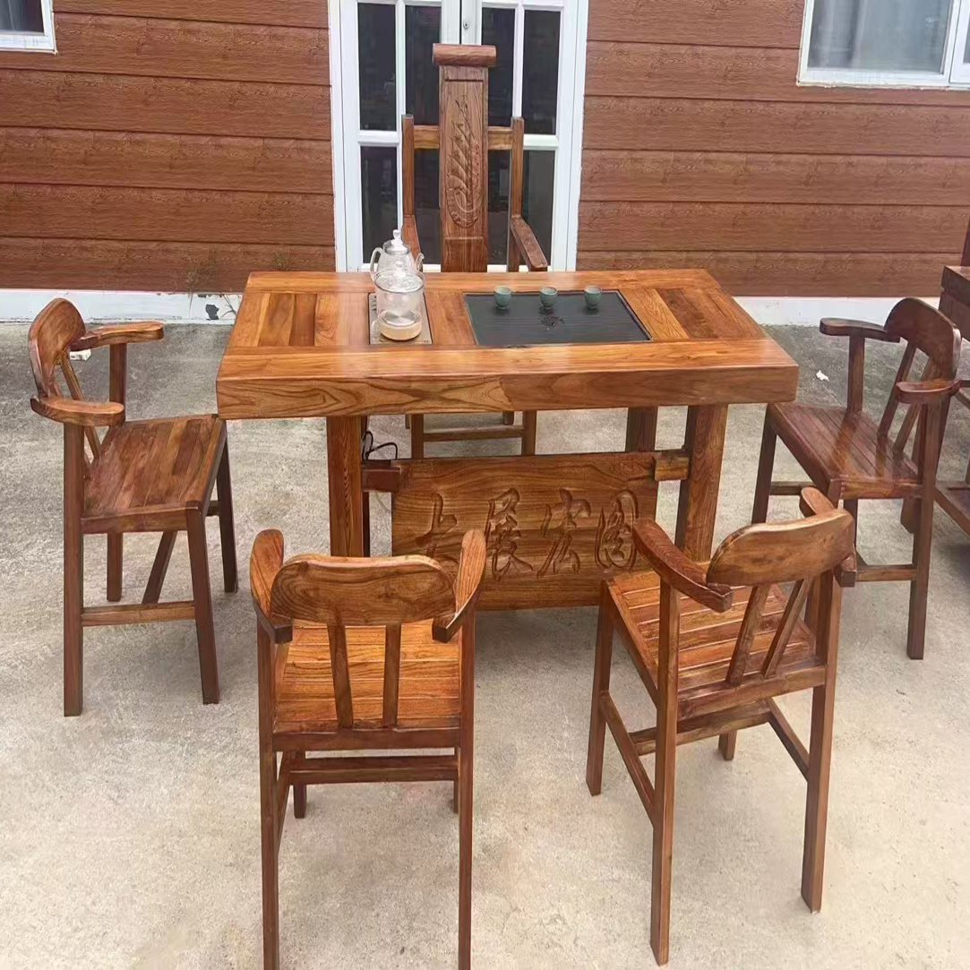 老榆木1米6茶台一桌五椅