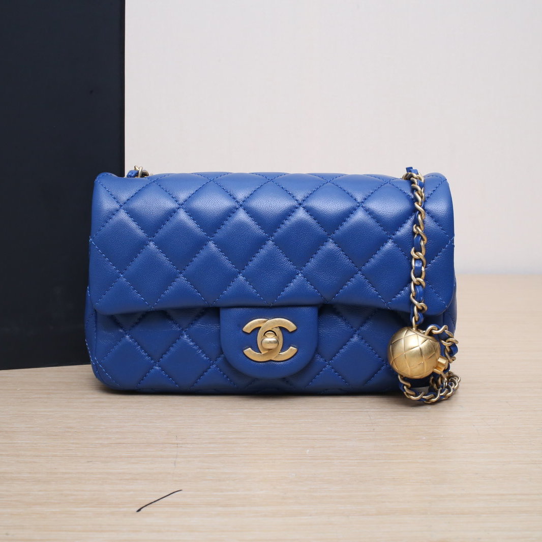 99新 Chanel/香奈儿 【双攀】CF口盖包 大Mini 20cm蓝色30开 金球