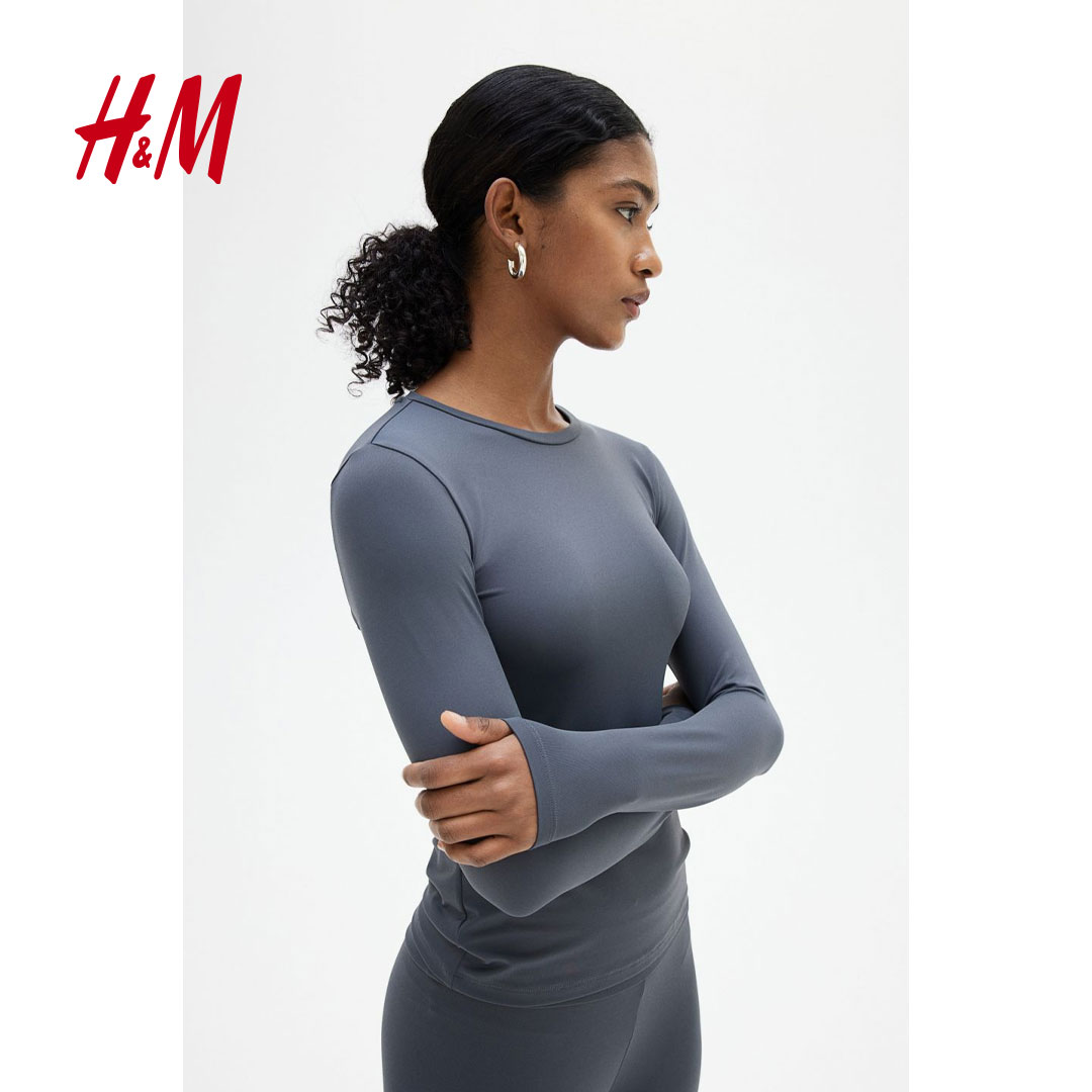 HM女装T恤秋季新款弹性圆领柔软舒适休闲汗布打底上衣1191700