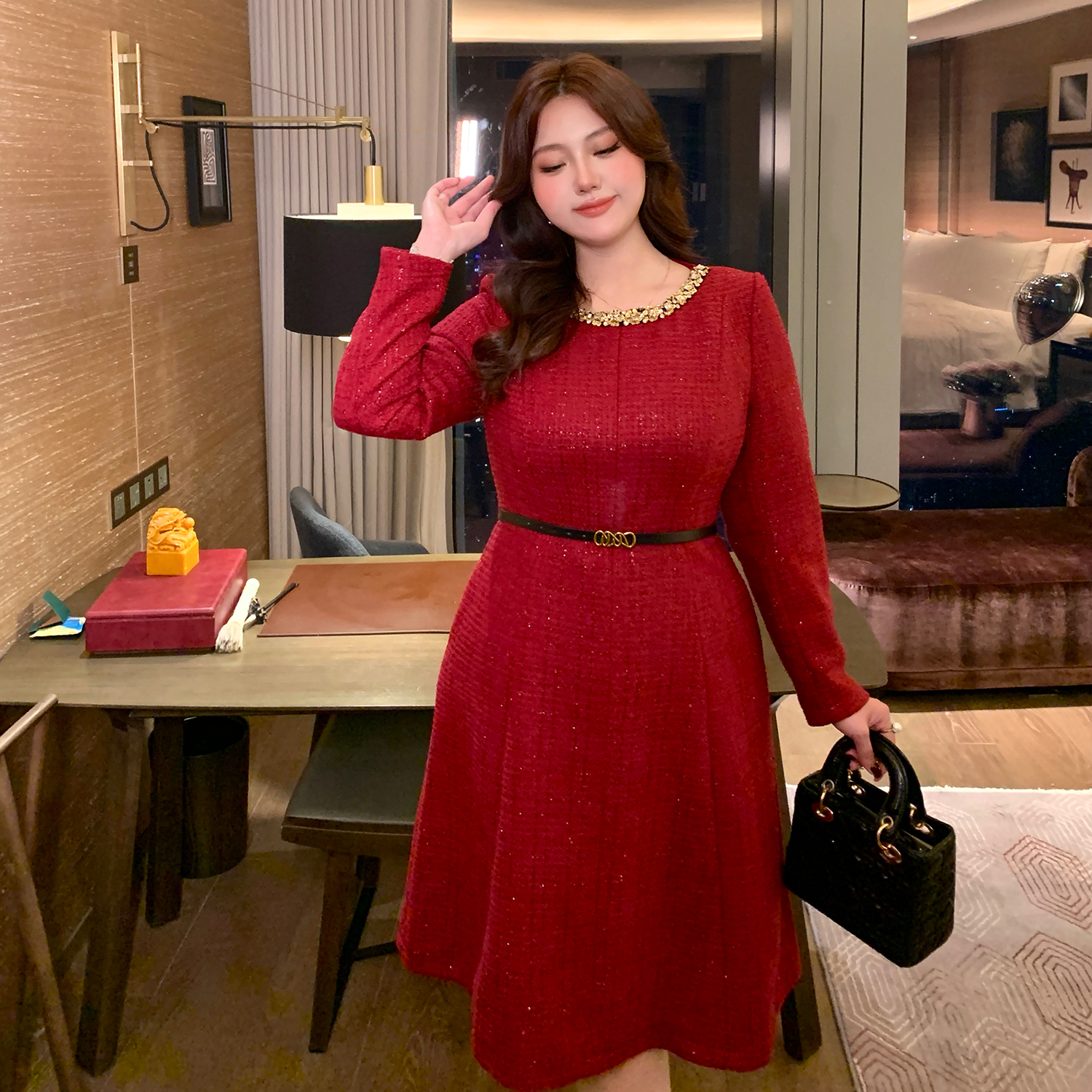 GLEC大码重要场合女装镶钻名媛小香风粗花呢连衣裙2025流行爆款