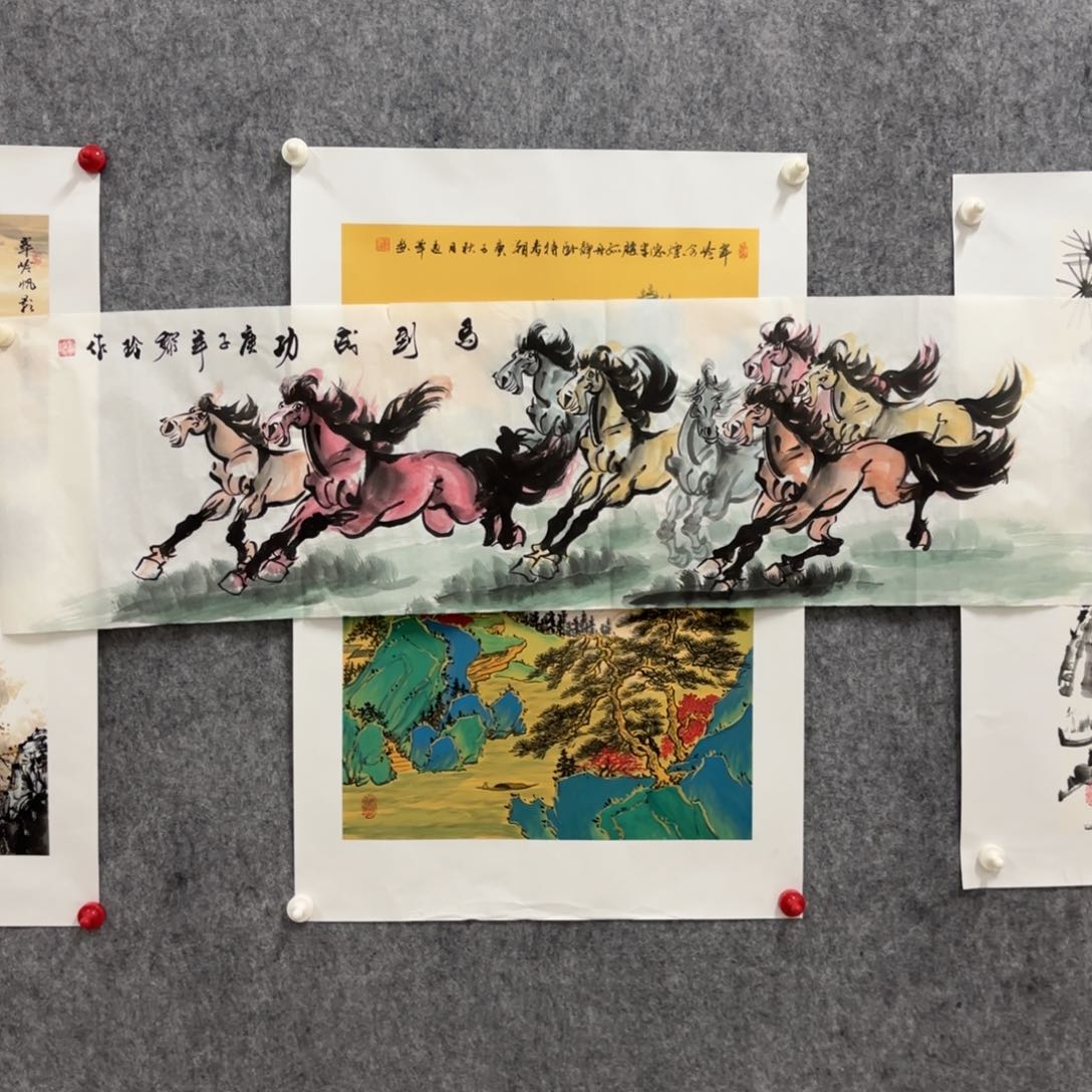 国画长135宽35厘米八骏图国画