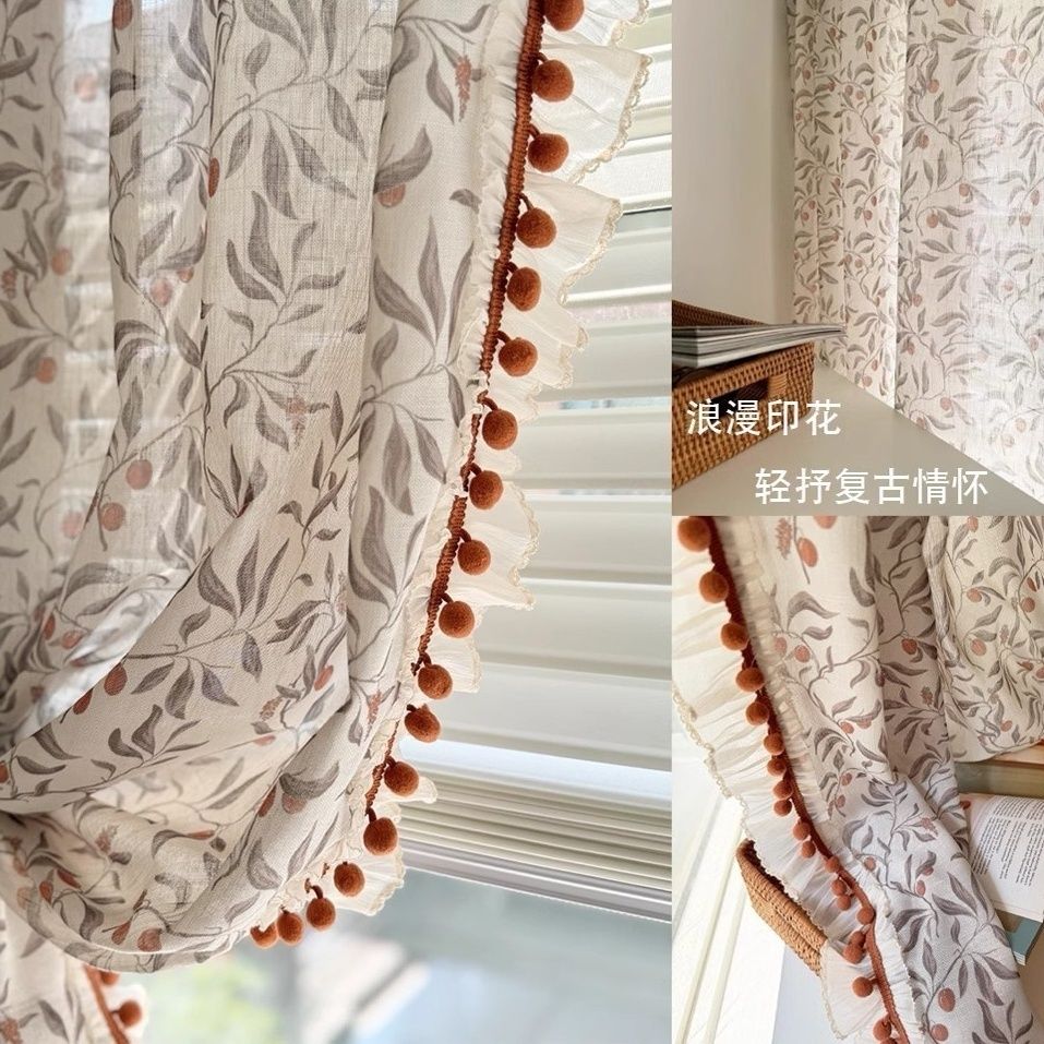 麻纱印花美式乡村田园复古风红樱桃透光透气客厅阳台卧室纱帘定制