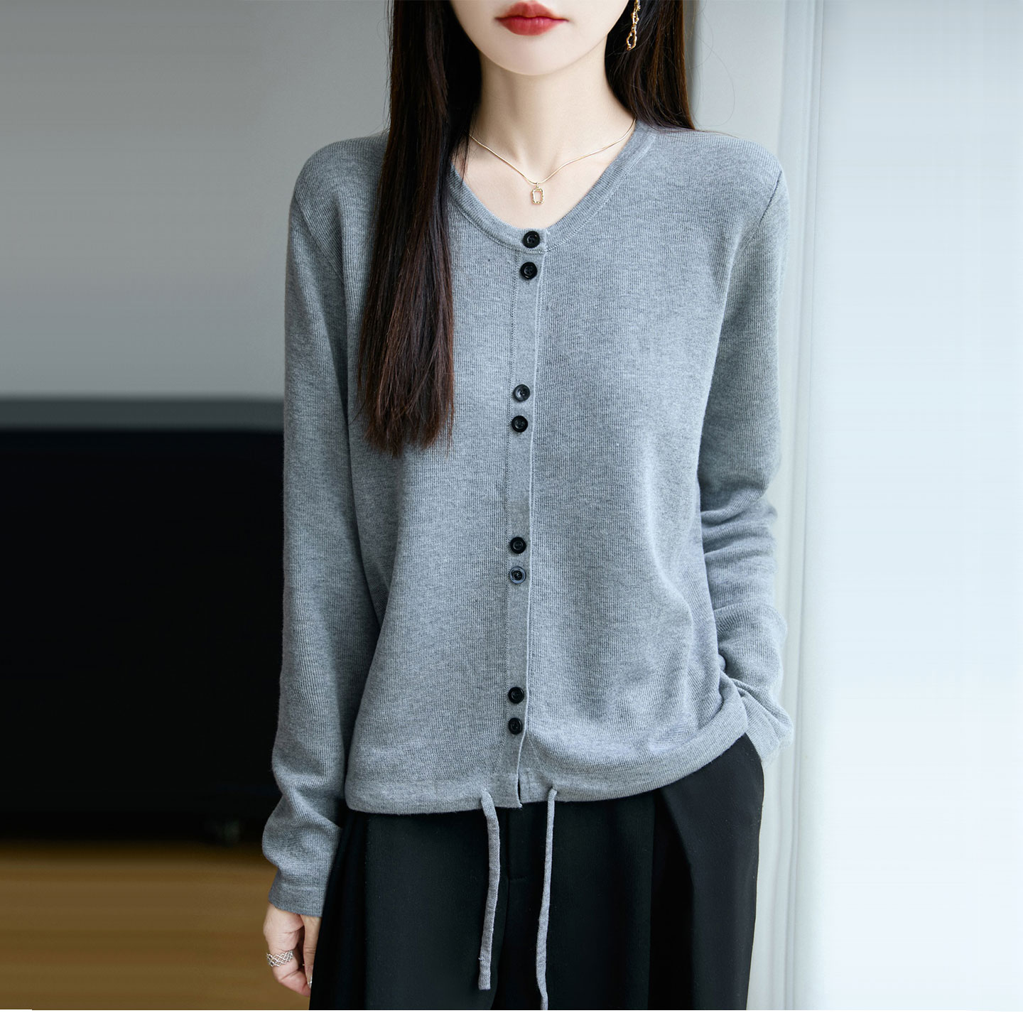 秋季新款纯色圆领羊毛衫针织开衫外套女百搭时尚气质减龄外套上衣