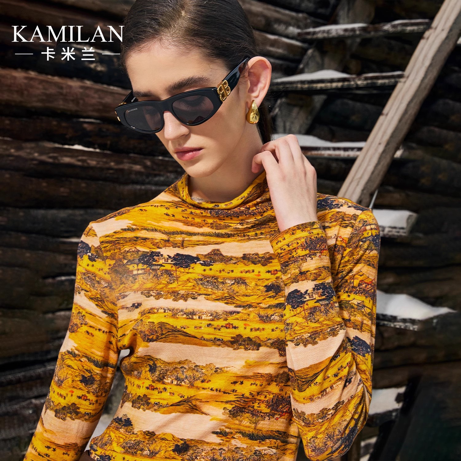 卡米兰法式复古毛衣女2024年秋冬新款时尚半高领印花打底衫上衣