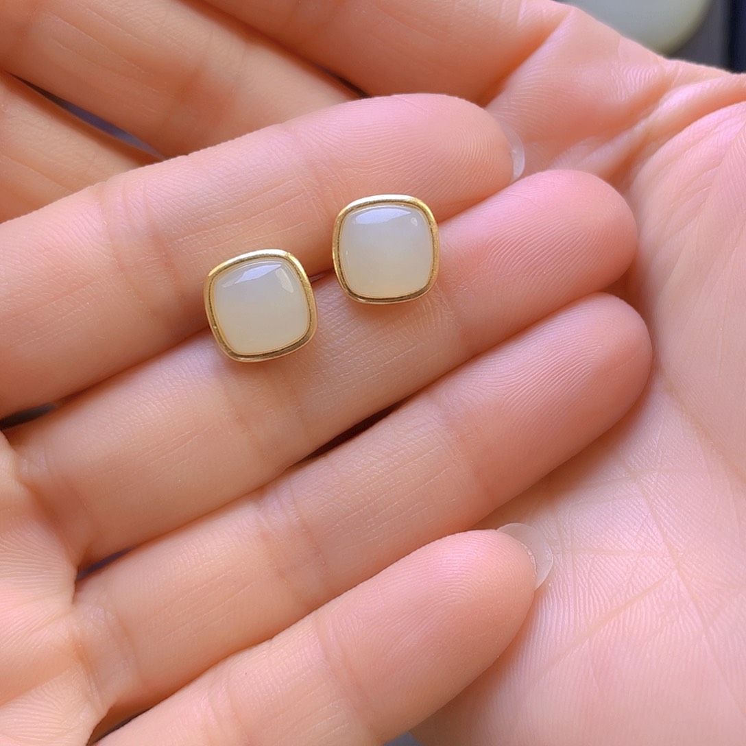 和田玉耳饰银S925镀金镶嵌