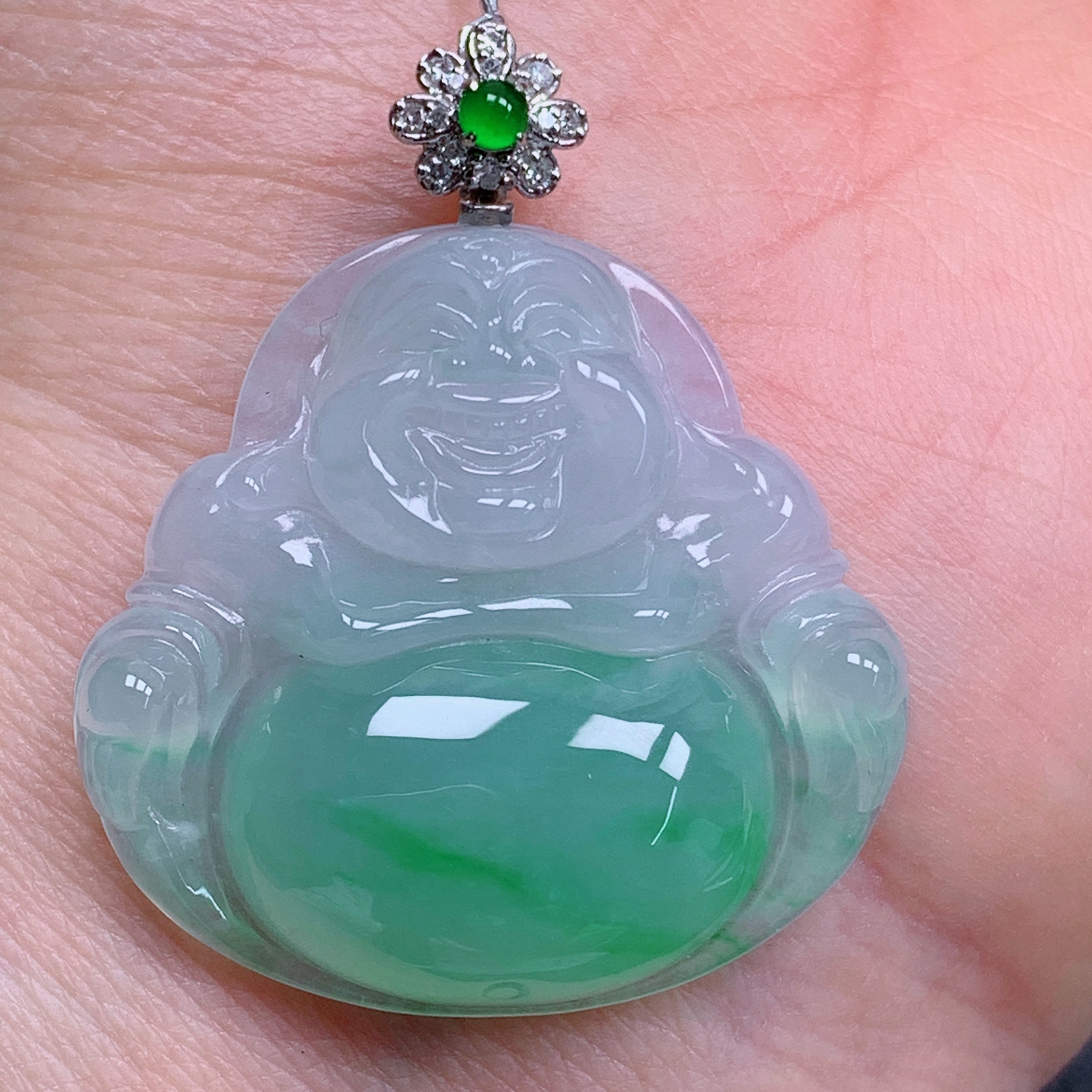 天然缅甸翡翠A货18k冰飘花佛公气质精美尺寸27.6*29.4*6.3 370