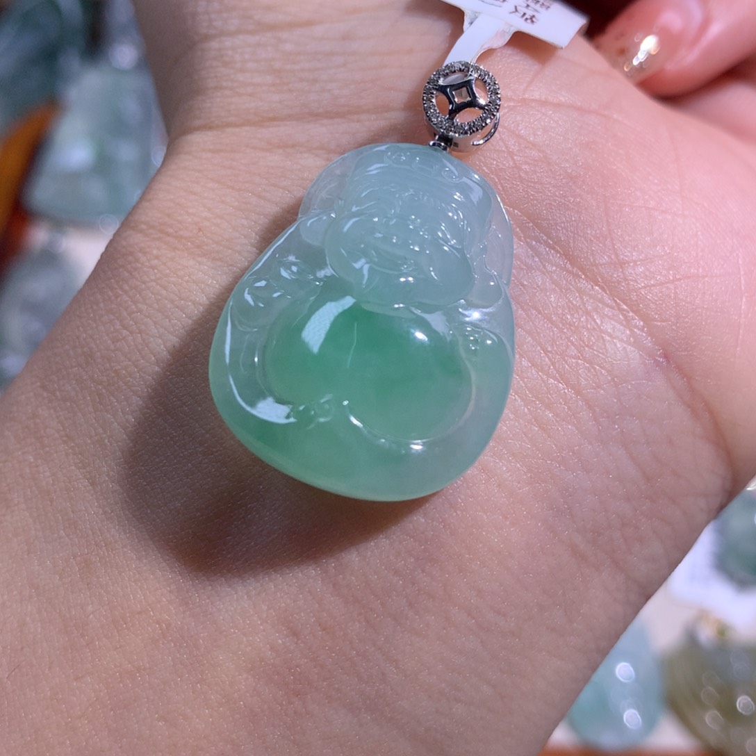 翡翠吊坠(不含链)18K金镶嵌冰飘花财财