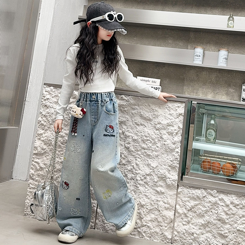 女童牛仔裤潮款春季洋气夏装中大童2025新款宽松直筒阔腿裤裤子潮