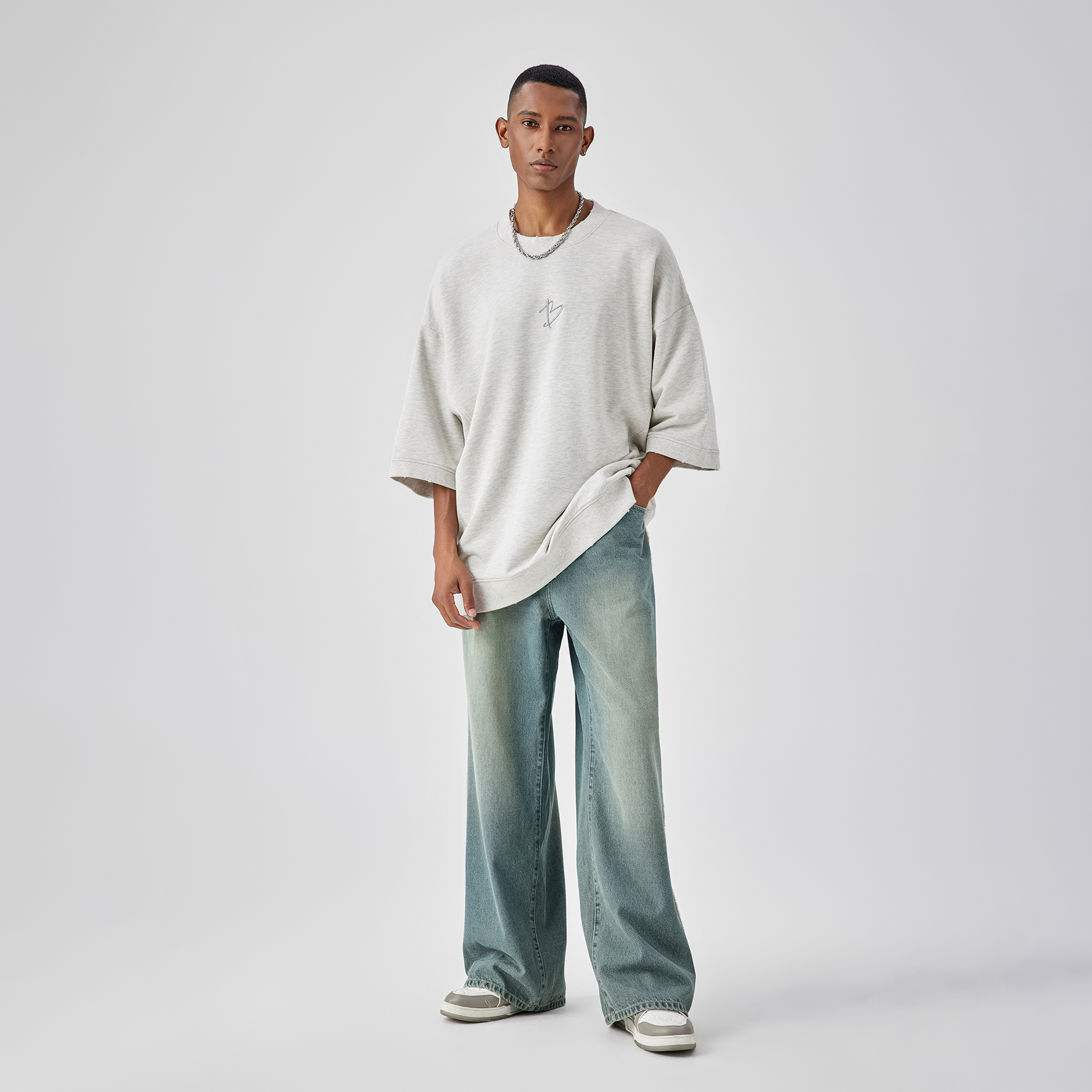 BODYDREAM美式复古宽松直筒毛边牛仔裤男休闲直筒水洗做旧阔腿裤