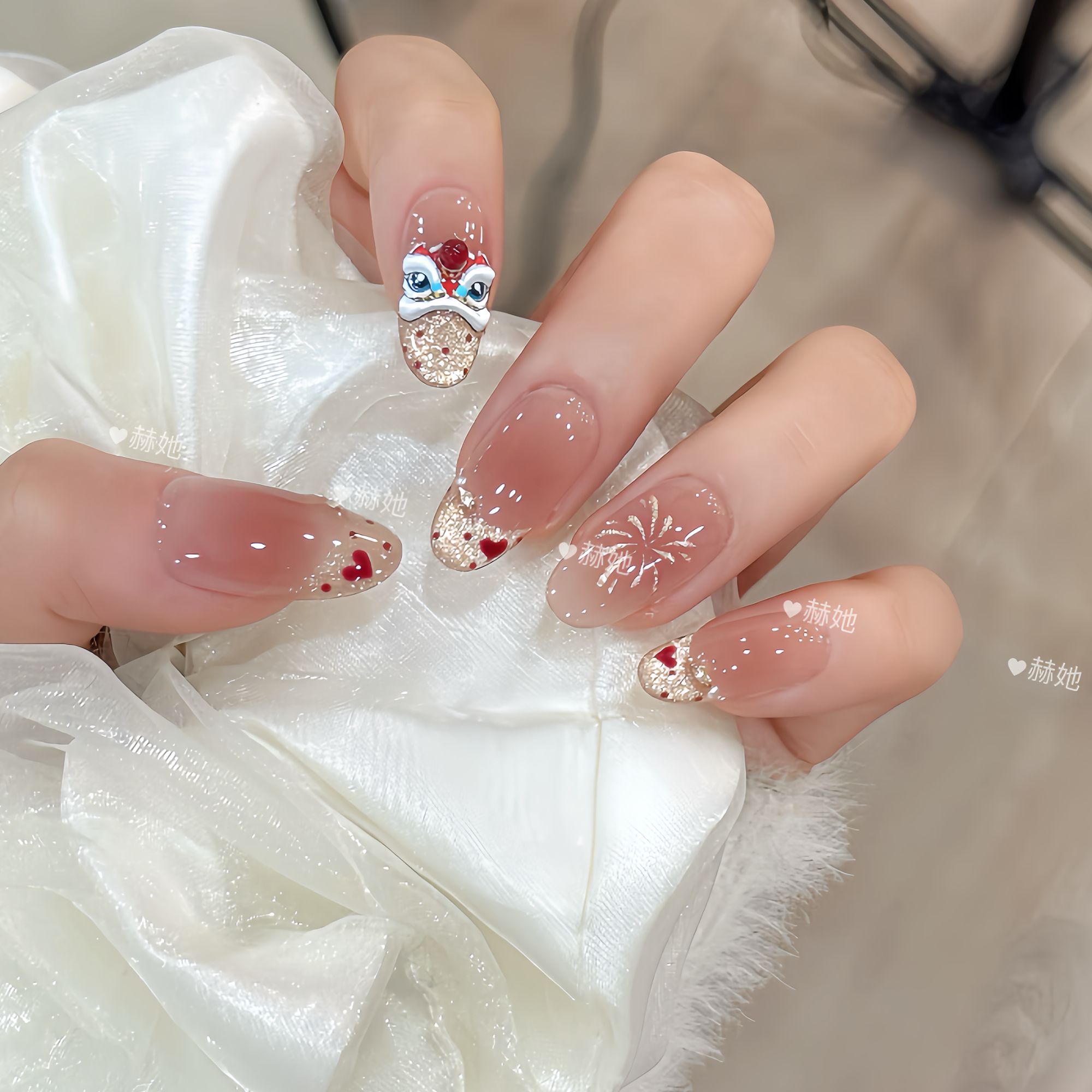 【狮狮如意】新年限定手工手绘醒狮烟火高级氛围感 纯手工穿戴甲