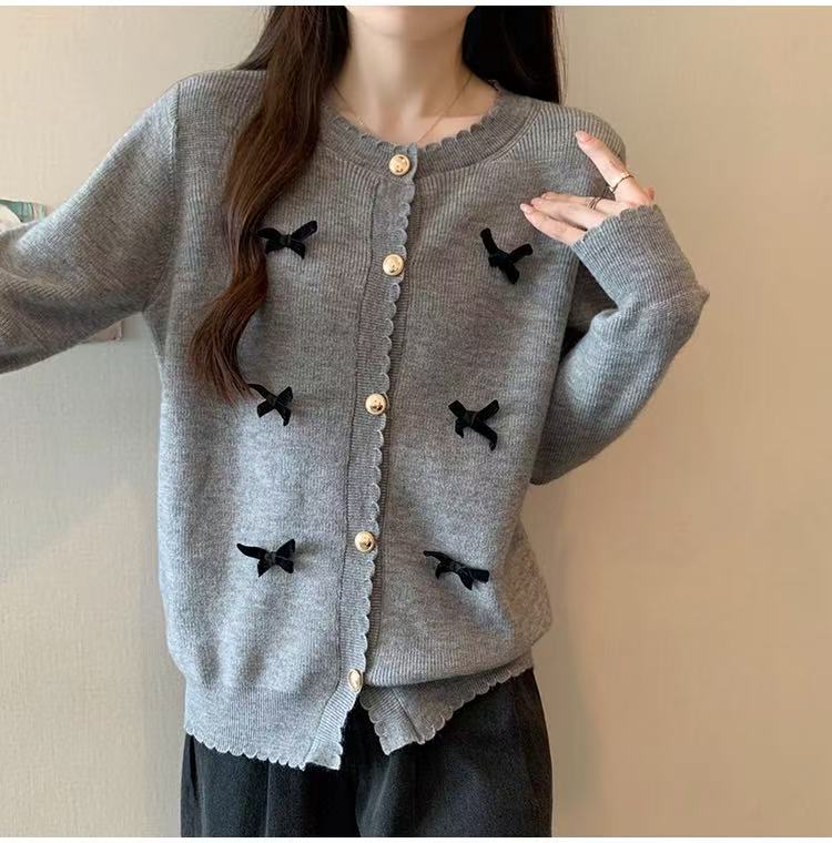 春秋新款大码女时尚甜美立体蝴蝶结花边毛衣外套