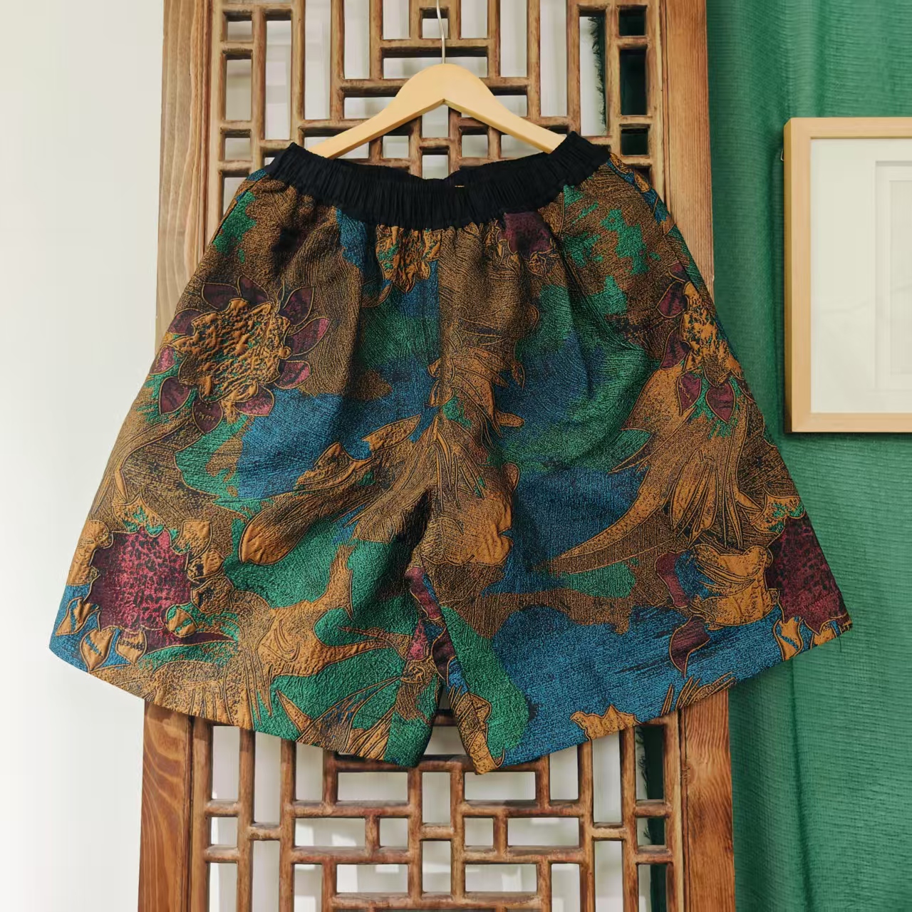 凤徕兮私人定制蓝棕色混色暗纹全松紧黑腰中裤（ LK087-12）单