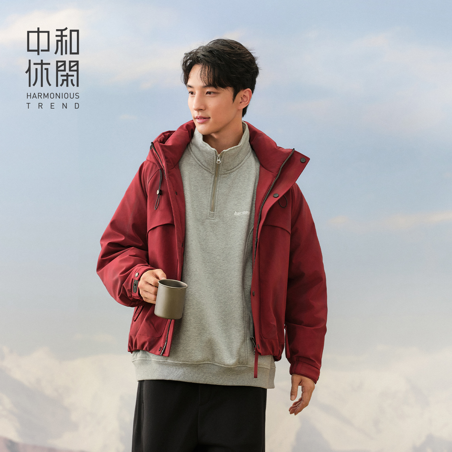 中和休闲暗红色羽绒服男25冬新款宽松连帽短款防风外套H74276481