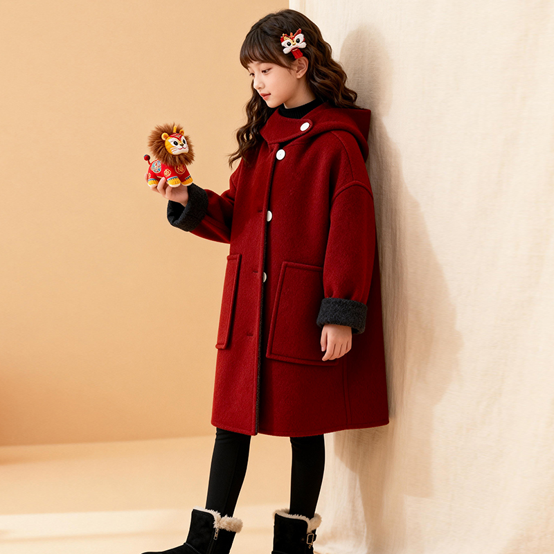 女童冬装呢子大衣双面穿外套2025新款女孩冬季洋气中长款拜年服潮