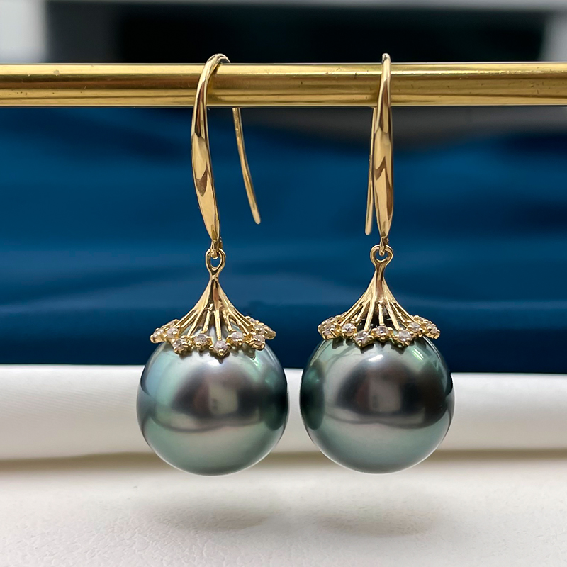 10-11mm18k金孔雀蓝大溪地黑珍珠耳环耳饰近圆炫彩时尚轻奢送爱人