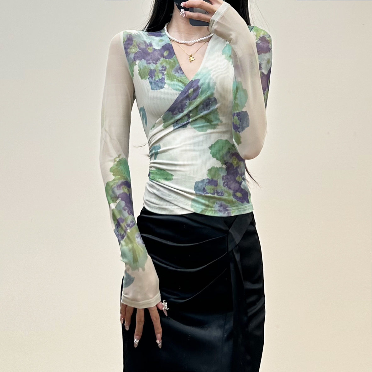 新款气质百搭网纱长袖上衣