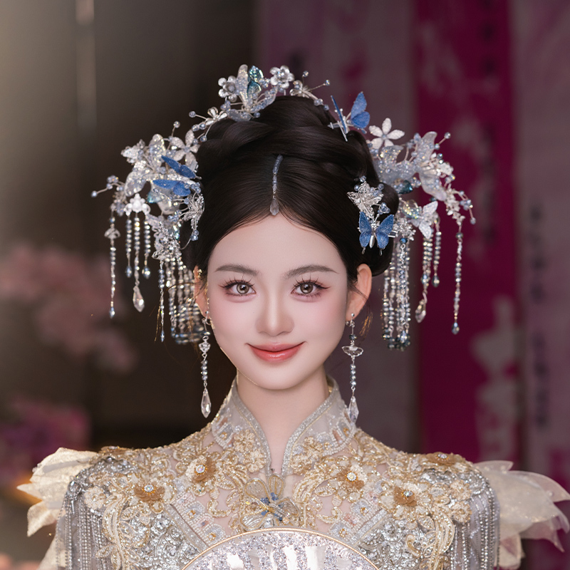 合金婚庆饰品 新娘清冷感秀禾头饰银蓝色气质高级龙凤褂配饰G0208