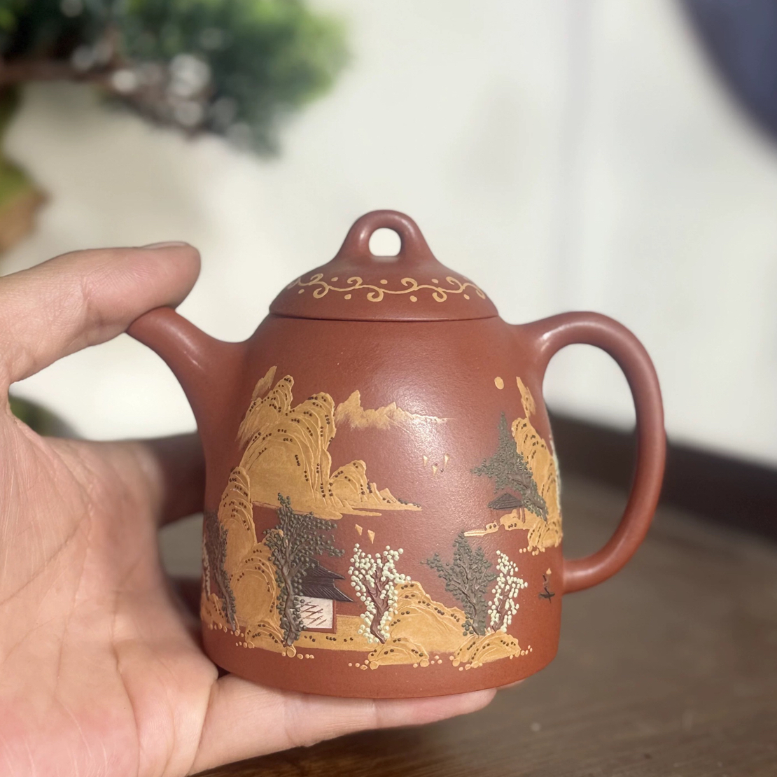 宜兴紫砂壶原矿全手工台湾回流红皮龙收藏精品泥绘独孔秦权200CC