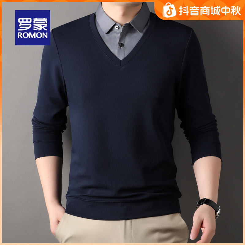 罗蒙男士长袖假两件针织衫2025秋季新款商务休闲上衣时尚翻领毛衣