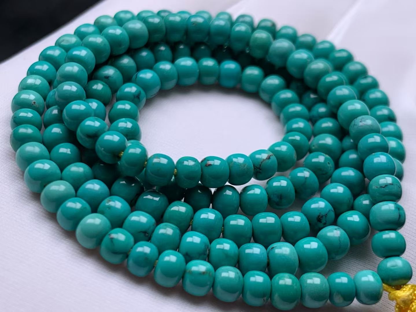 瓷釉级玉化高瓷绿料水草纹绿松石老型链子，玻璃底，直径4+，无水油