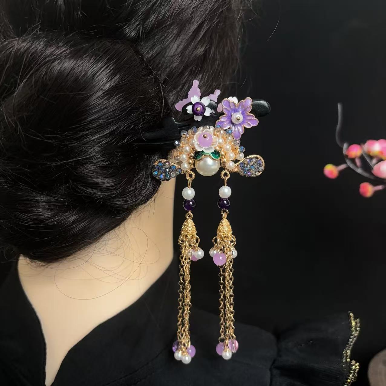 a767【紫花刀】18公分中国风民族风女古风刀马旦发簪步摇饰品盘发簪