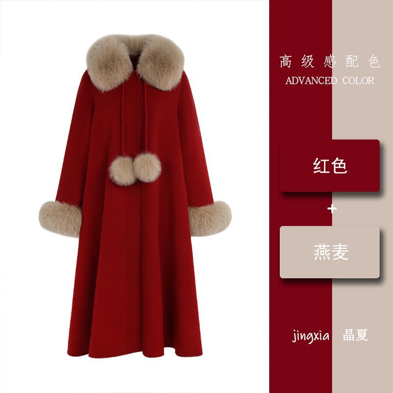 小香风毛呢外套女秋冬季高级感新年战袍夹棉加厚长款呢子红色大衣