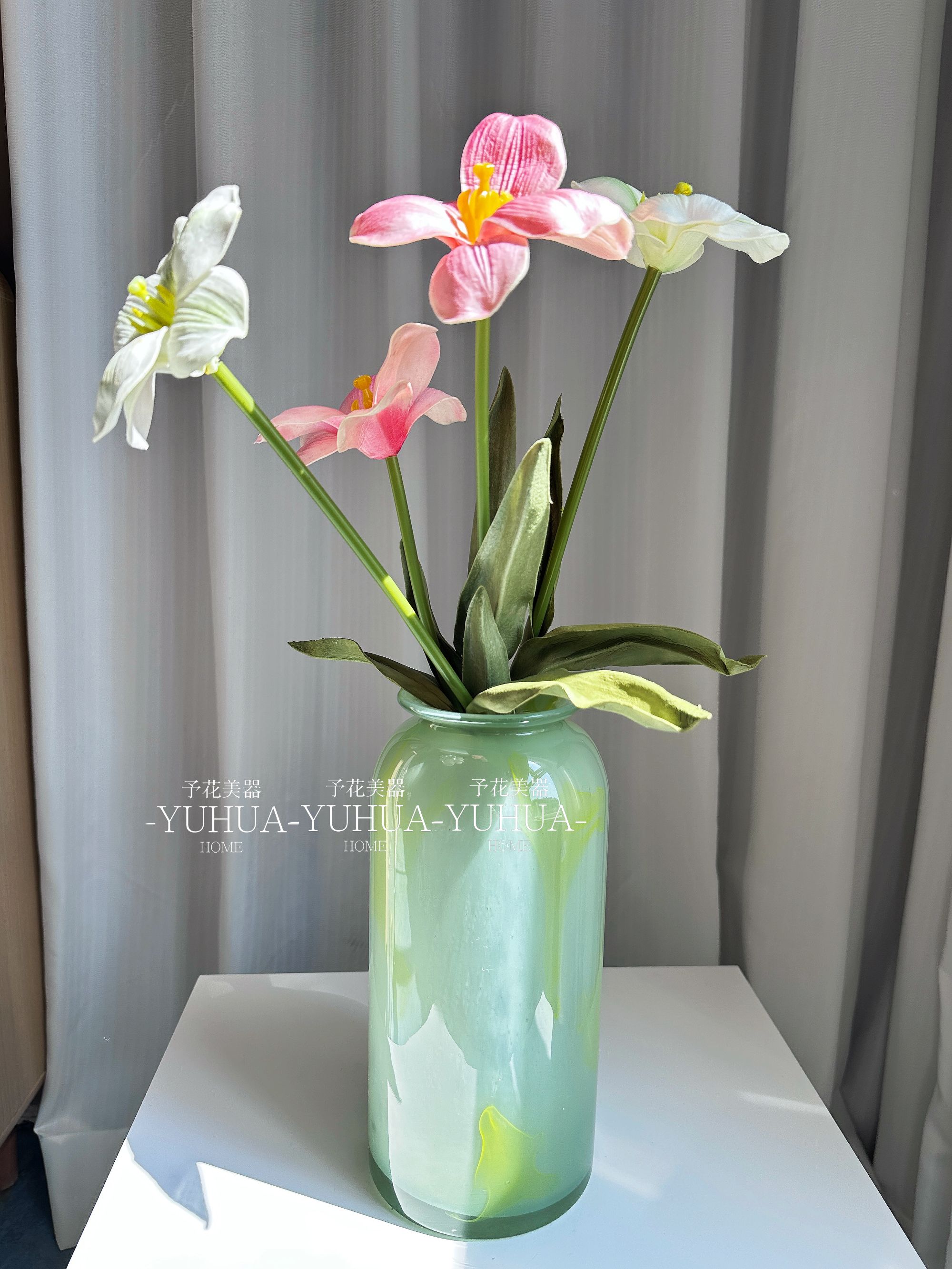 予花简约绿色水养花瓶玻璃摆件客厅装饰中式琉璃高级鲜花插花瓶
