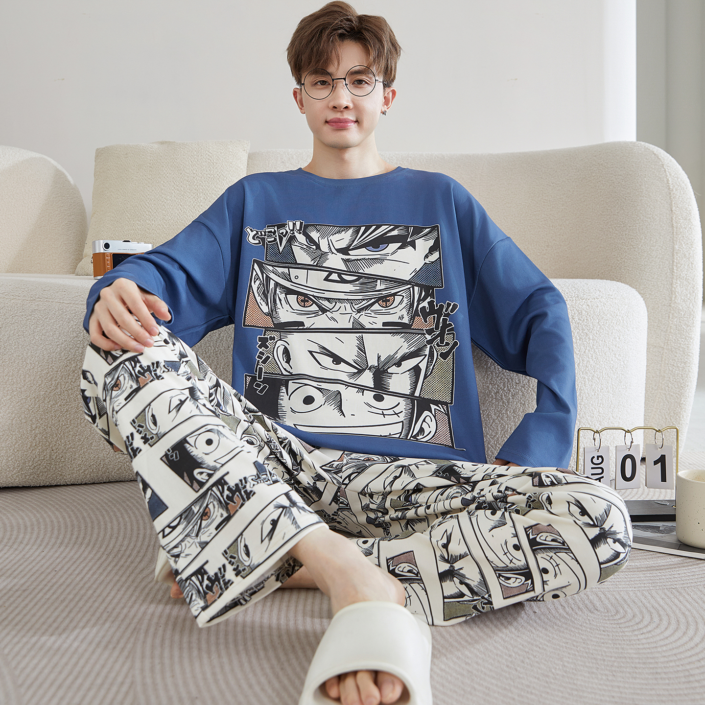 bejirog/北极绒卡通可外穿男士春秋季纯棉长袖睡衣大童休闲家居服