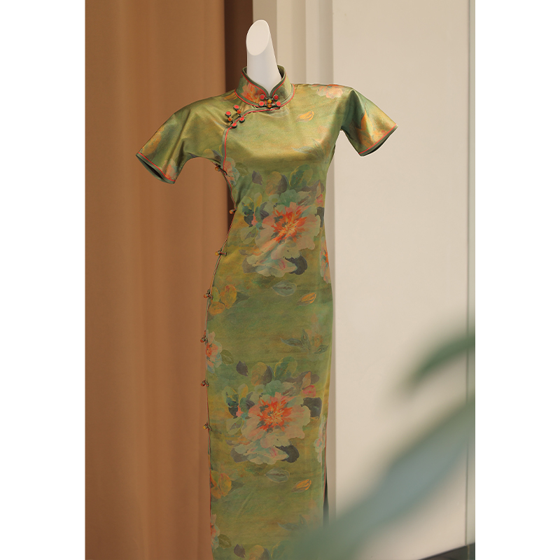 勾丝-【步步生花】良辰媄锦桑蚕丝香云纱手工中长款旗袍衣长约125CM