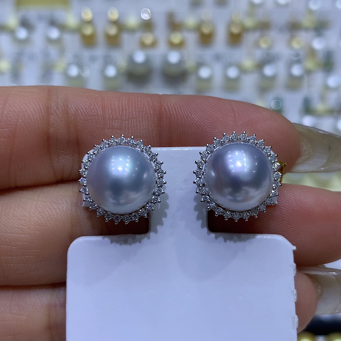 海水珍珠耳饰18K金镶嵌11/12mm澳白