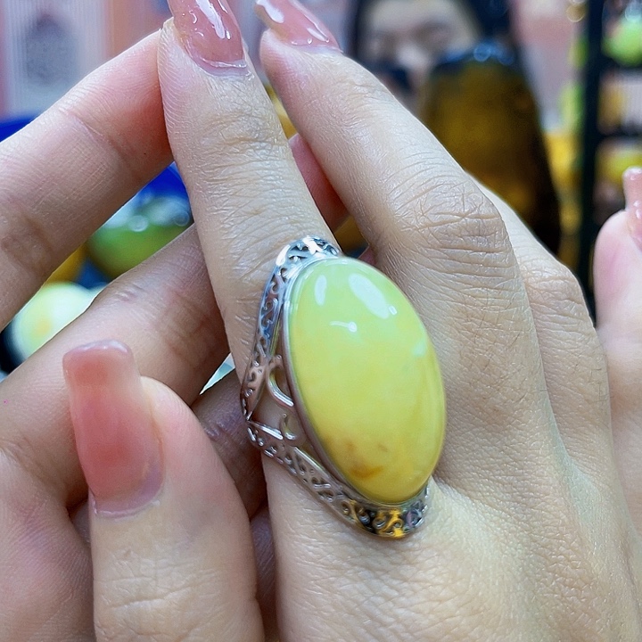 琥珀银S925镶嵌颈饰戒指