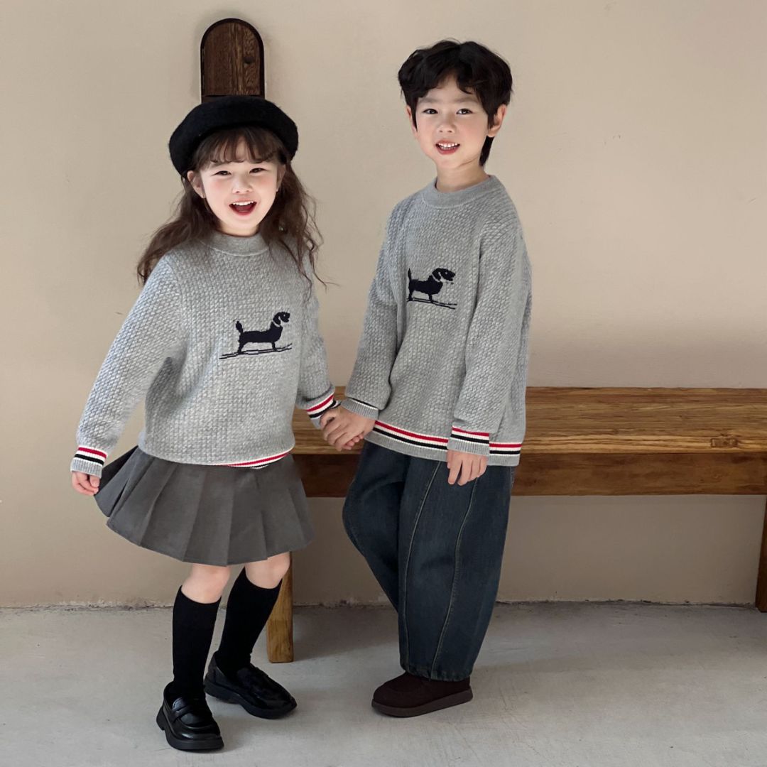 【100%山羊绒】儿童秋冬新款男女童宝宝可爱腊肠狗亲子装山羊绒毛衣