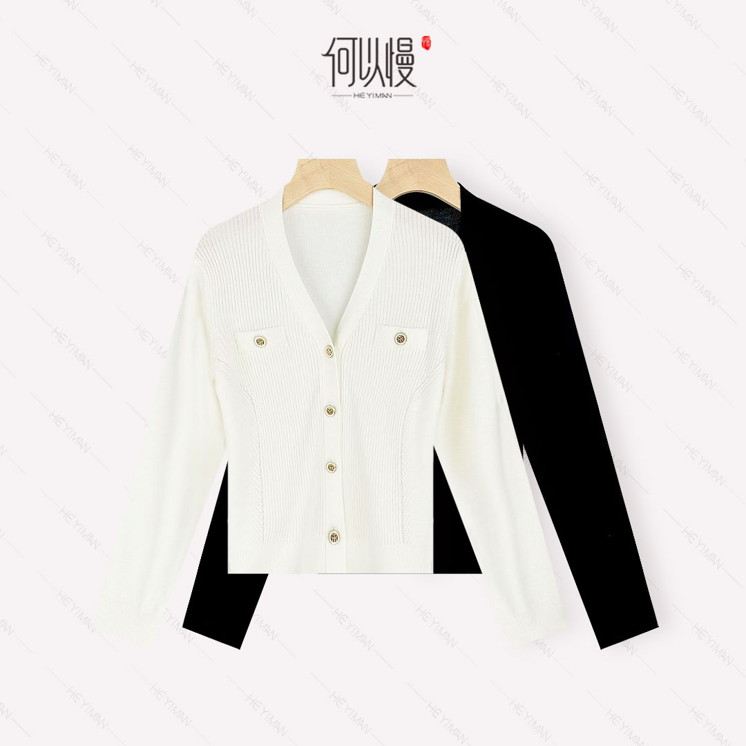 【何以慢】绵羊毛混纺秋季时尚小香风气质显瘦V领针织开衫A4-A51023